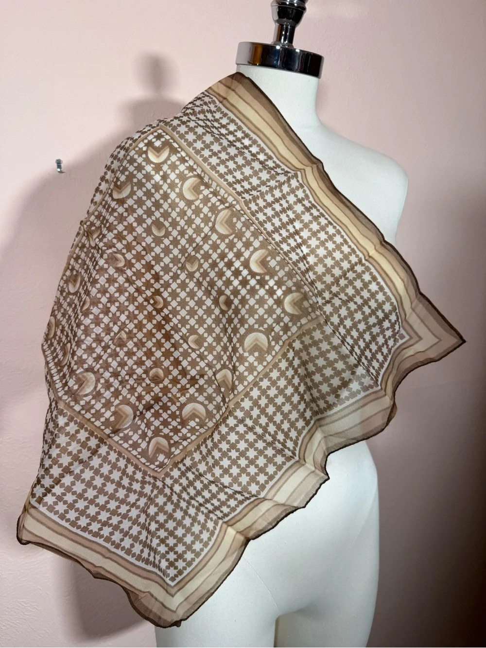 Vintage camel brown semi sheer star rattan art deco neckerchief square scarf